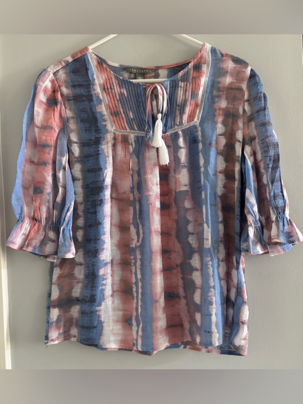 Sharagano 3/4 Sleeve Blouse Small Pink Tie Dye Tassel Top